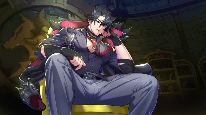 1boy clothed erection fully_clothed genshin_impact looking_at_viewer looking_down looking_down_at_viewer low-angle_view male manspreading minghecanyue muscular muscular_male solo solo_male wriothesley_(genshin_impact)