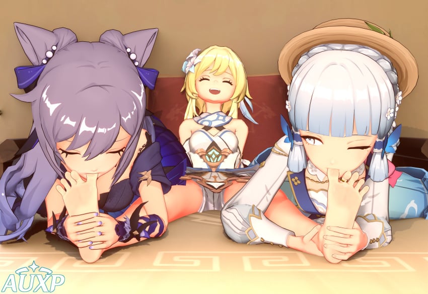 3girls auxp barefoot feet genshin_impact kamisato_ayaka kamisato_ayaka_(springbloom_missive) keqing_(genshin_impact) keqing_(opulent_splendor)_(genshin_impact) lumine_(genshin_impact) shoes_removed soles sucking_toes threesome toes yuri