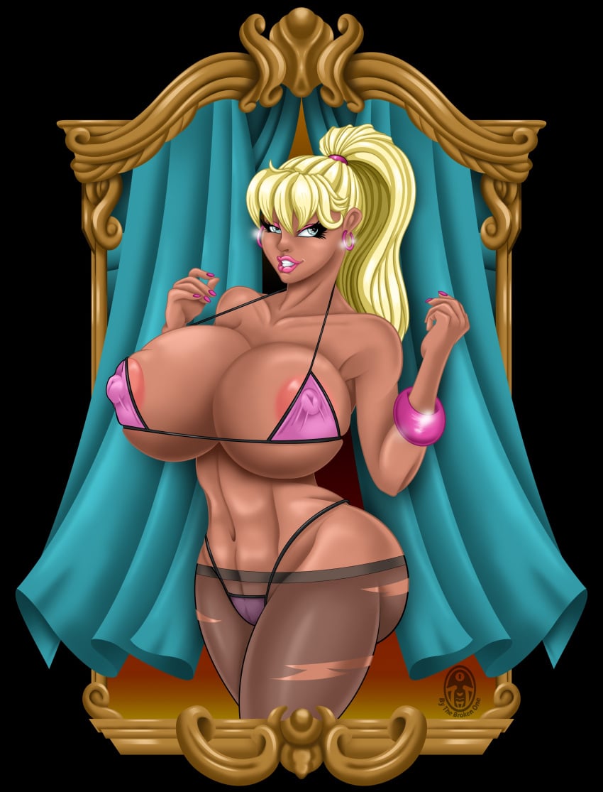 areola_bulge areolae big_breasts bimbo blonde_hair blue_eyes breasts busty bythebrokenone erect_nipples female female_focus female_only gyaru hourglass_figure jen_herron large_breasts lipstick long_hair makeup my_mom_and_sister_are_size_queen_sluts nipple_bulge ponytail skimpy skimpy_clothes slutwr1ter tagme tan tan_body tan_fur toned toned_female wide_hips