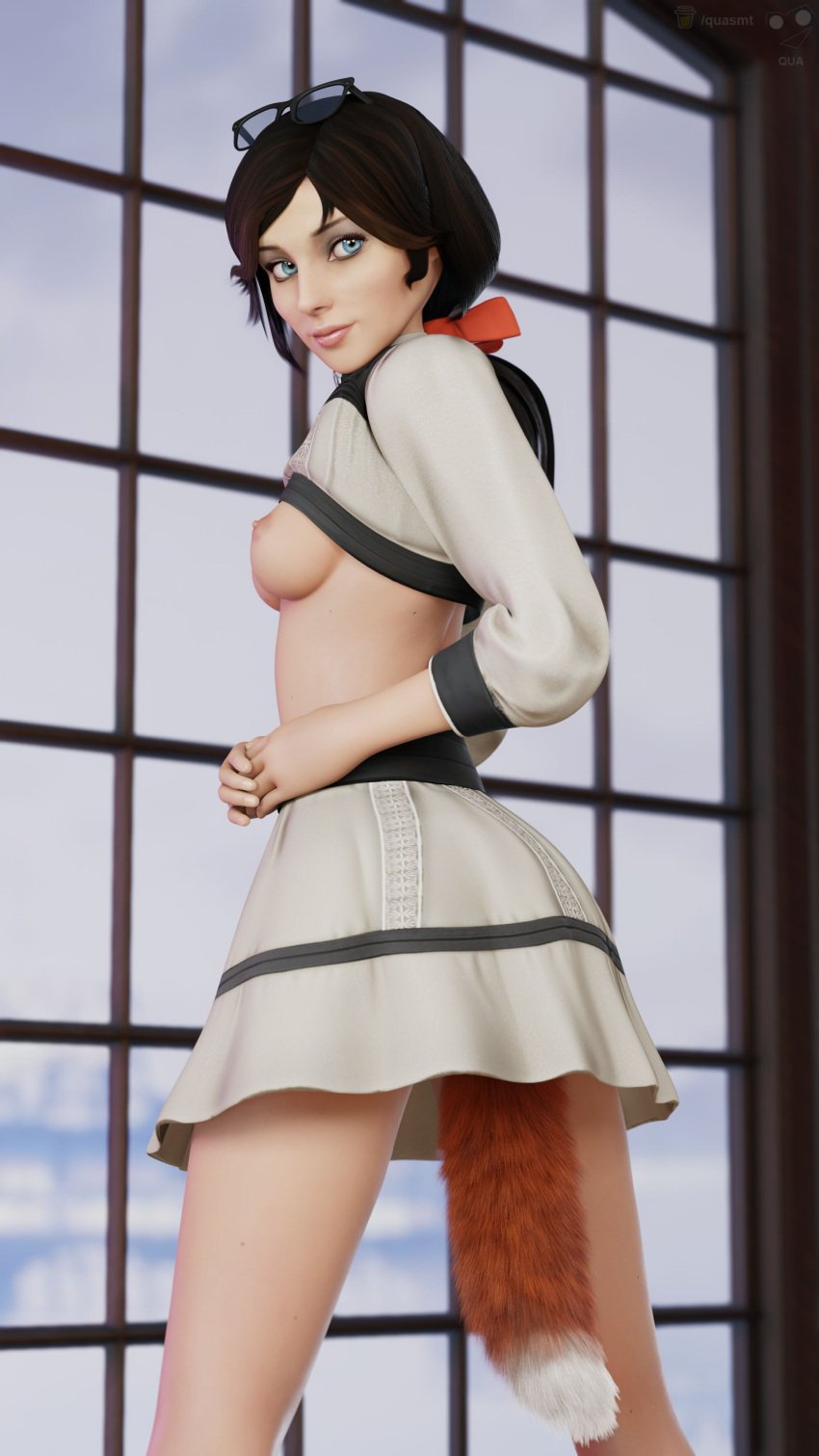 3d anal anal_insertion anal_object_insertion areolae athletic athletic_female bioshock bioshock_infinite blue_eyes breasts breasts_out brown_hair busty buttplug buttplug_tail elizabeth_comstock female female_focus female_only hourglass_figure long_hair medium_breasts nipples ponytail qua rear_view shirt_lift standing tagme wide_hips