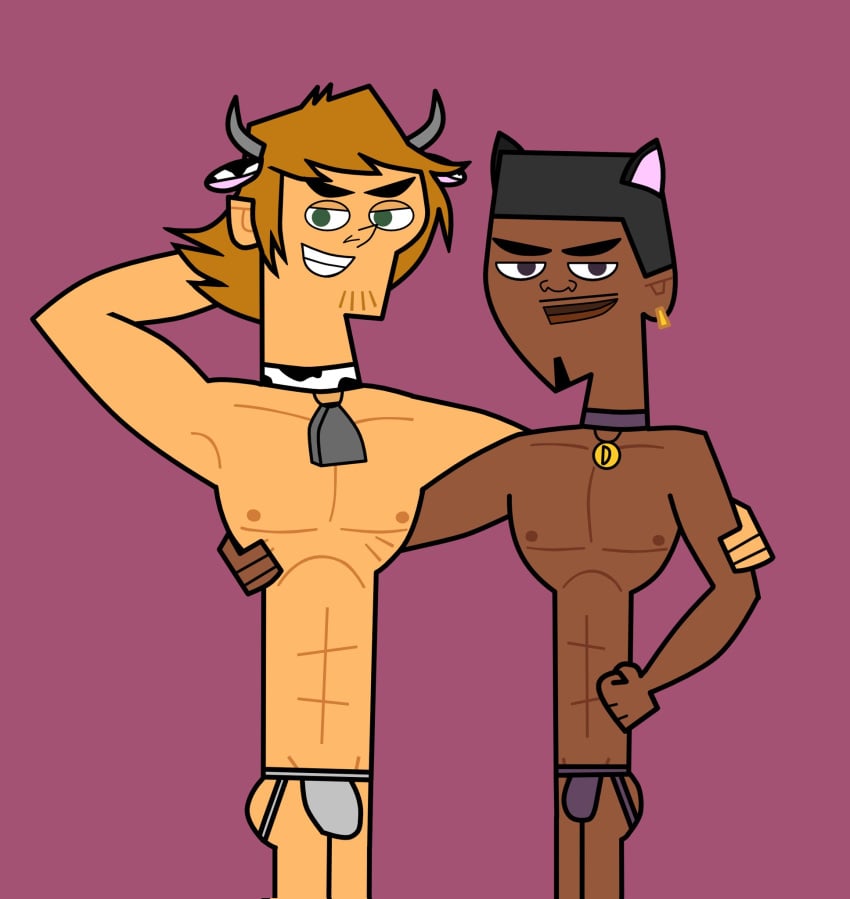 cat_ears catboy cow_costume cow_ears cow_horns cow_print damien_(tdi) gay grabbing_waist jockstrap jockstrap_only male male/male male_only muscular_male smirk smirking total_drama_island total_drama_island_(2023) wayne_(tdi)