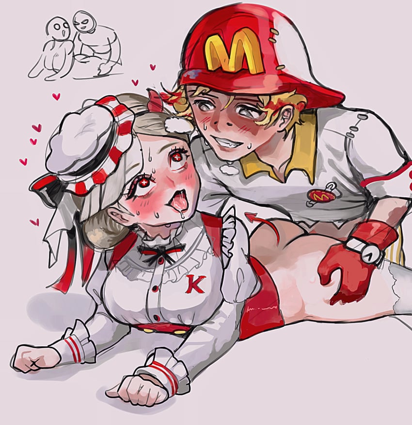 1boy 1girls apron ass blonde_hair blush bottomless female gloves grey_eyes hat heart identity_v kfc light-skinned_female light-skinned_male light_skin lying male mcdonald's norton_campbell open_mouth red_eyes saliva sex sex_from_behind shirt short_hair smile straight sweat tongue tongue_out uniform uwu_(user_nmes2857) vera_nair