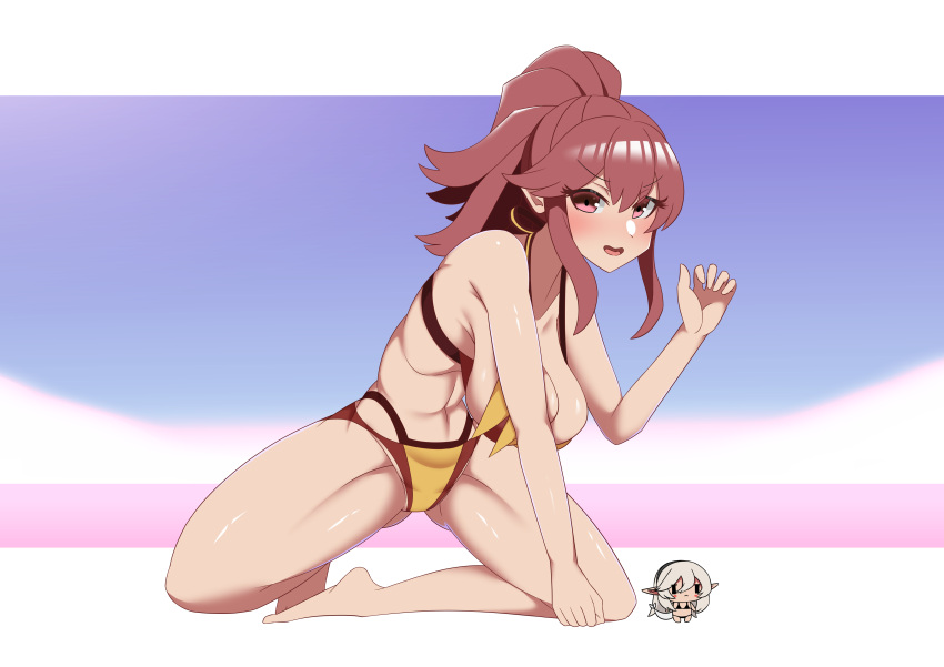 >:) 1girls alternate_costume anna_(fire_emblem) anna_(fire_emblem_awakening) ass_visible_through_thighs bare_legs breasts cameltoe cleavage female female_only fire_emblem fire_emblem_awakening kneeling large_breasts legs looking_at_viewer medium_hair nintendo official_alternate_costume open_mouth pibu ponytail red_bikini red_eyes red_hair red_swimsuit smile solo swimsuit thighs yellow_bikini yellow_swimsuit