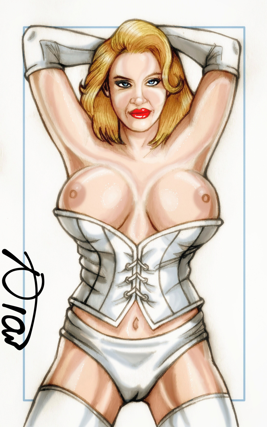 arms_behind_head big_breasts blonde_hair blue_eyes breasts breasts_out bronxboy79 cameltoe cleavage corset curvy curvy_female emma_frost female female_only hellfire_club marvel marvel_comics opera_gloves panties thighhighs white_queen x-men