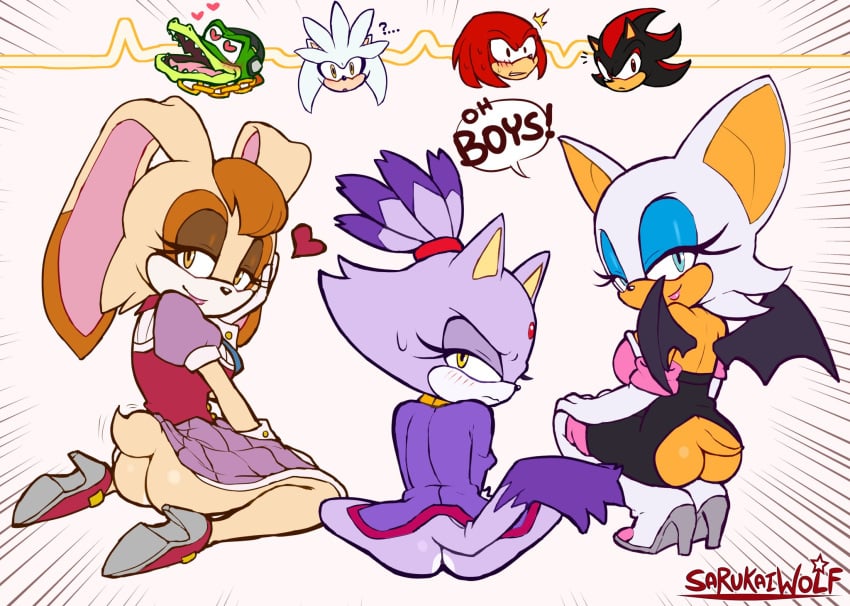 3girls anthro ass blaze_the_cat blush bottomless embarrassed english_text female heart_eyes knuckles_the_echidna rouge_the_bat sarukaiwolf shadow_the_hedgehog silver_the_hedgehog sonic_(series) sonic_the_hedgehog_(series) suggestive suggestive_look tagme text vanilla_the_rabbit vector_the_crocodile