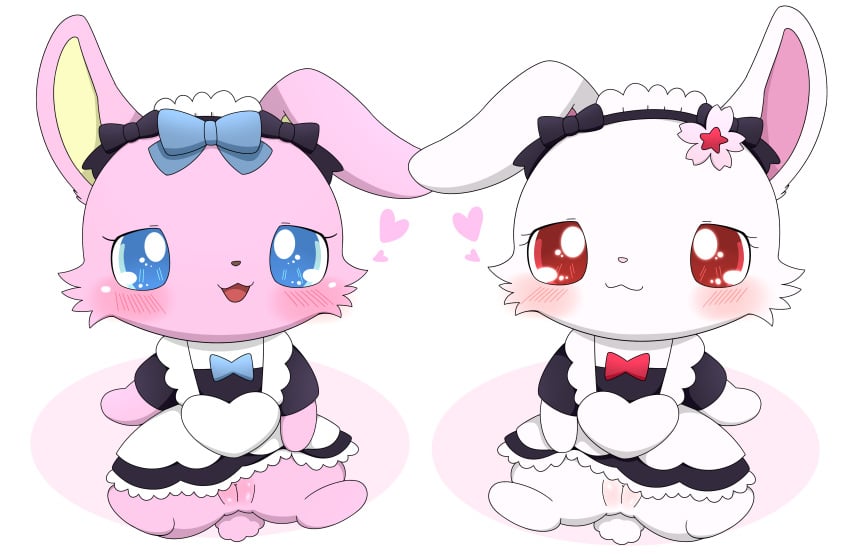 2023 absurd_res accessory anthro azuo blush clothed clothing clothing_lift dress dress_lift duo female flower flower_in_hair fur genitals hair hair_accessory heart hi_res jewelpet jewelpet_(species) luna_(jewelpet) maid_headdress maid_uniform pink_body pink_fur plant plump_labia presenting presenting_pussy pussy red_eyes ruby_(jewelpet) sanrio sega sega_toys semi-anthro simple_background solo uniform white_background white_body white_fur