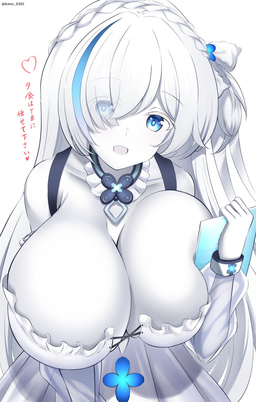 azur_lane blue_eyes braid breast_squish breasts hair_covering_eye holding_object huge_breasts kmsr looking_at_viewer neckwear silver_skin simple_background smile tb_(azur_lane) white_dress white_skin