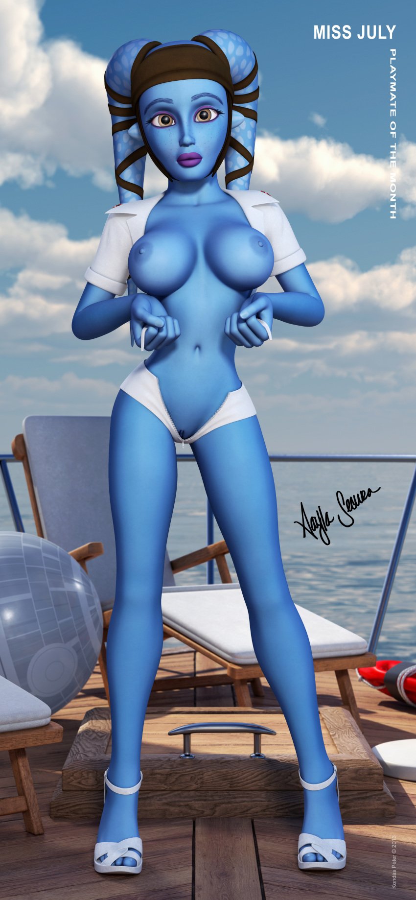 1girls 3d aayla_secura alien alien_girl alternate_version_available artist_name bald bare_shoulders barefoot big_breasts blue_skin busty cleavage clone_wars curvy day detailed_background english_text erect_nipple erect_nipples eyelashes female female_only freckles front_view headgear holding_object hourglass_figure humanoid jedi jedi_master kondaspeter looking_at_viewer lying mammal no_bra open_zipper outdoor outside pose posing purple_lips shadow shaved_pussy shiny shiny_skin shirt short short_shorts solo spread_legs spreading standing star_wars text twi'lek voluptuous water white_shirt wide_hips yellow_eyes