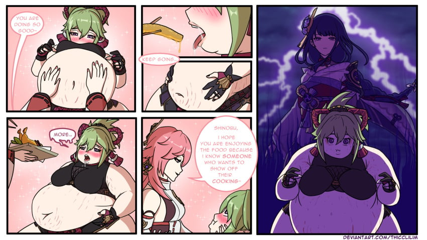 3girls belly comic exposed_fat_belly fat genshin_impact green_hair inazuma_girls inazuma_porn kuki_shinobu masked masked_female multiple_girls obese obese_female raiden_shogun sitting weight_gain yae_miko