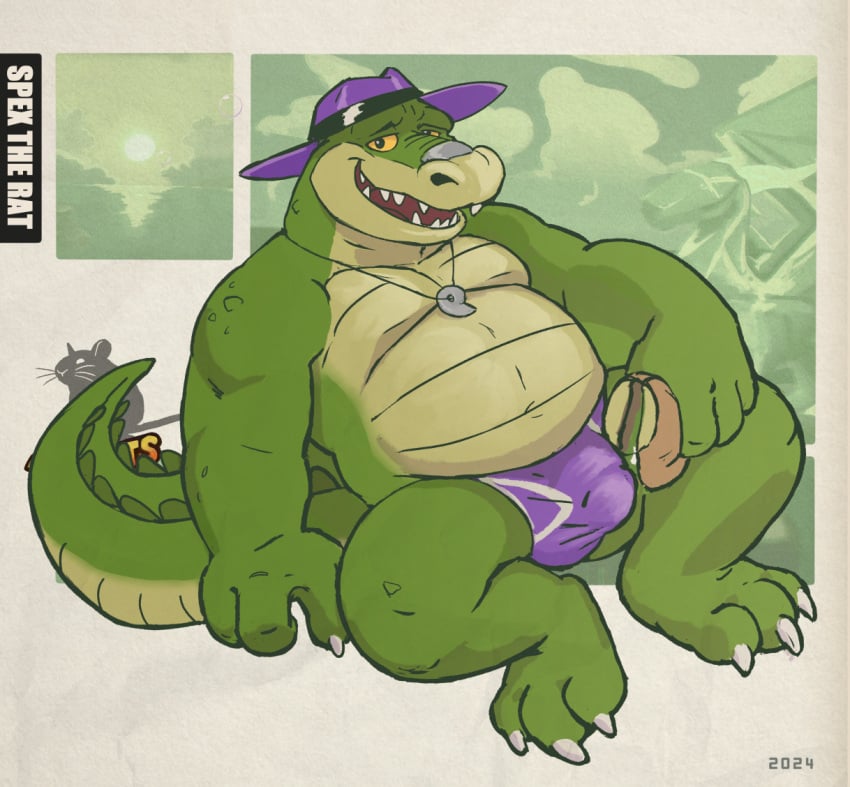 2024 alligator alligatorid anthro belly biped brok_(brok_the_investigator) brok_the_investigator bulge burger clothing crocodilian food green_body hat headgear headwear male moobs overweight overweight_male reptile scalie sitting solo spectral-bat underwear