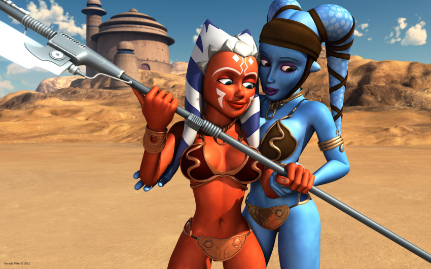 2girls 3d aayla_secura ahsoka_tano alien alien_girl alternate_version_available armband artist_name bald bare_shoulders big_breasts blue_eyes blue_skin bracer busty choker cleavage clone_wars curvy day detailed_background erect_nipple erect_nipples eyelashes female female_only front_view grab grabbing hand_on_hip hands_on_hip hands_on_hips headgear holding_object hourglass_figure humanoid jabba's_palace jedi jedi_master jedi_padawan kondaspeter looking_down mammal marking midriff multiple_females multiple_girls orange_skin outdoor outside pose posing purple_lips shadow shaved_pussy shiny shiny_skin spread_legs spreading standing star_wars tatooine togruta twi'lek vibro_axe voluptuous weapon wide_hips