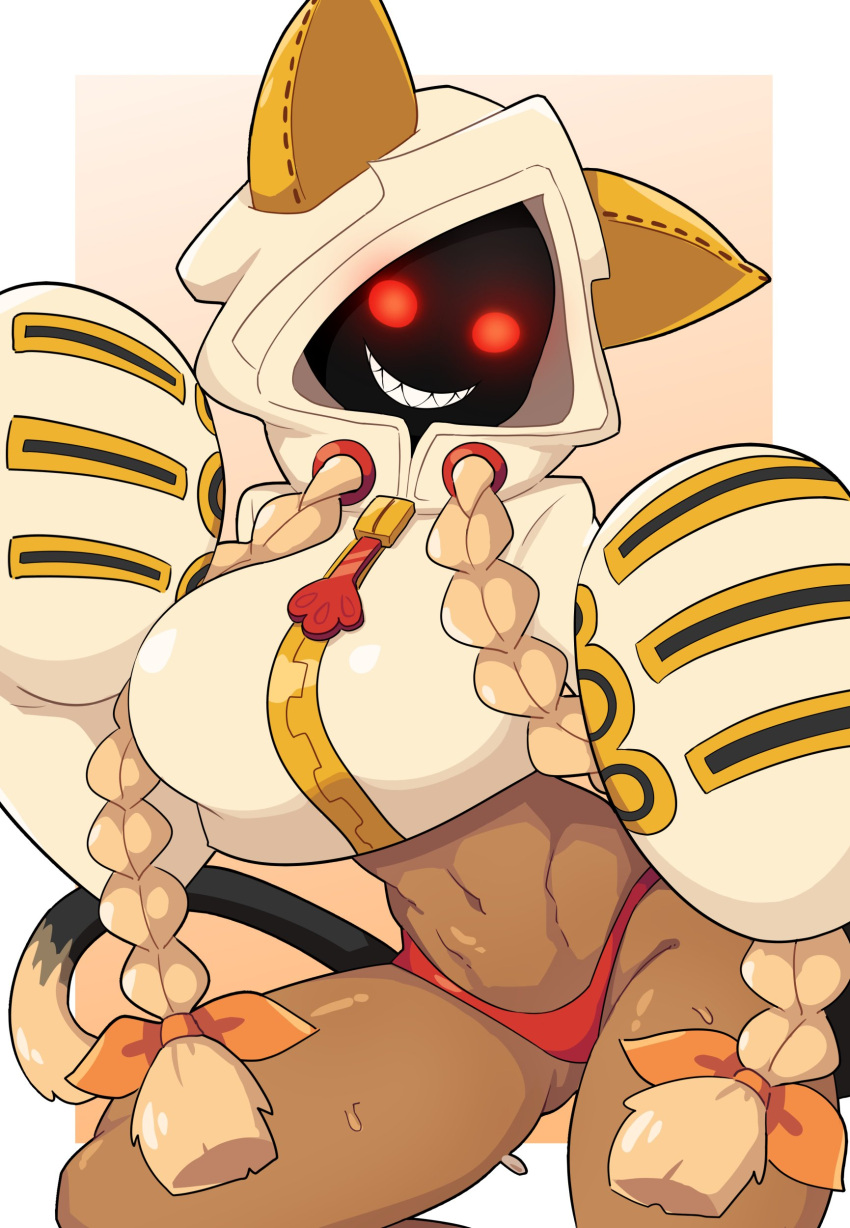 1girls big_breasts blazblue blonde_hair cat_ears cat_tail catgirl dark-skinned_female dark_skin female female_only glowing_eyes hair_ribbon hi_res hoodie j5daigada kaka_(blazblue) long_hair looking_at_viewer obscured_face panties red_eyes sharp_teeth smiling smiling_at_viewer solo tail taokaka teeth_showing thick_thighs twin_braids