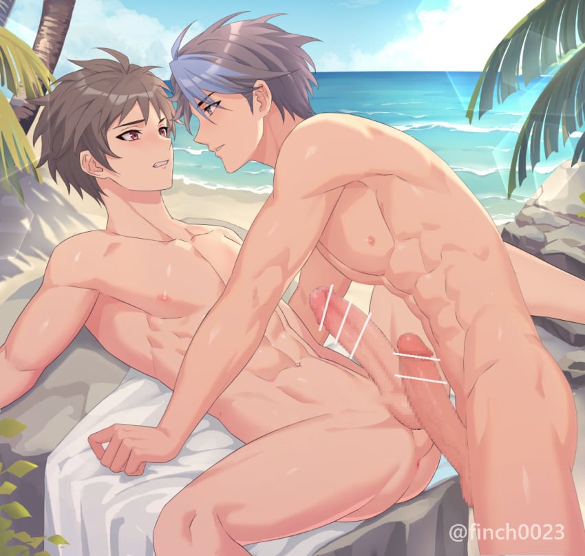 2boys anus bar_censor beach blue_hair blue_sky blush brown_hair censored cloud collarbone commentary_request eiyuu_densetsu finch0023 finch_(blanc1771) gay horizon kuro_no_kiseki kuro_no_kiseki_ii large_penis lying male_focus male_only mosaic_censoring multicolored_hair multiple_boys muscular muscular_male navel nipples on_back on_rock outdoors palm_tree penis penises_touching red_eyes short_hair sky streaked_hair swin_abel teeth tree van_arkride water yaoi