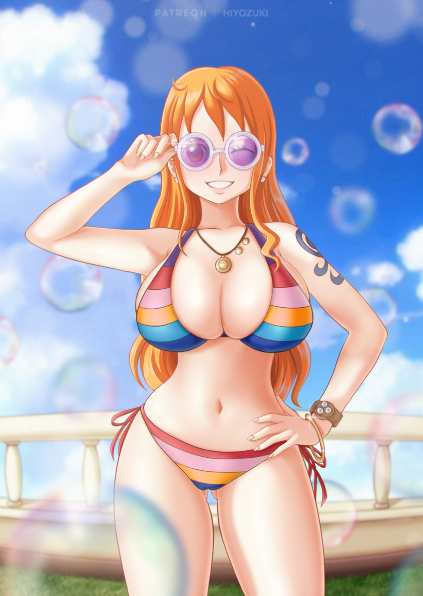 1girls bare_arms bare_legs bare_shoulders bare_thighs big_breasts bikini bikini_bottom bikini_top clothed clothing color female female_focus female_only hi_res hiyozuki large_breasts light-skinned_female light_skin long_hair looking_at_viewer nami nami_(one_piece) one_piece one_piece_film_z orange_eyes orange_hair post-timeskip rainbow_bikini shounen_jump solo solo_female sunglasses tagme thick_thighs