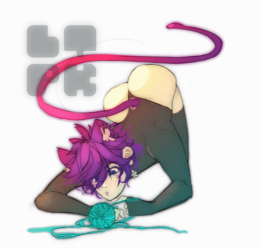 ass ass_bigger_than_head ass_cleavage ass_focus ass_up big_ass bodysuit cat_ears cat_tail catboy femboy hips hips_wider_than_shoulders male_focus male_only nekomimi purple_hair shoto shoto_(vtuber) shxtou string thighhighs thighs twink virtual_youtuber vtuber