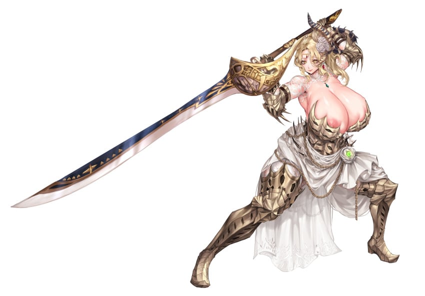 absurdres armor blonde_hair breasts circlet closed_mouth commentary copyright_request earrings english_commentary female flower gauntlets hair_flower hair_ornament highres holding holding_sword holding_weapon huge_breasts jewelry looking_at_viewer meowx25 monster_hunter_(character) monster_hunter_(series) nipple_slip nipples simple_background smile solo sword weapon white_background white_flower yellow_eyes