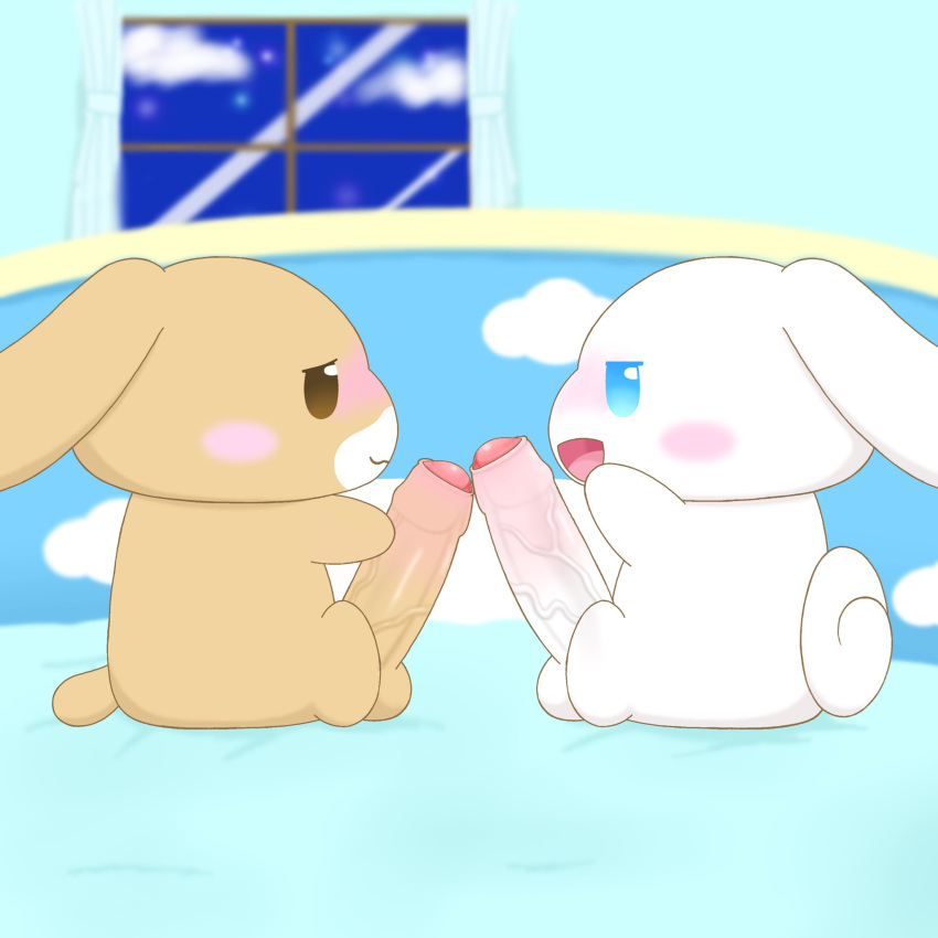 2boys bed bedroom big_balls big_ears big_penis blurry_background blush blush_stickers brown_body canid canine cappuccino_(cinnamoroll) cinnamon_(cinnamoroll) cinnamoroll cinnamoroll_(series) clouds detailed_background facing_another foreskin huge_cock humanoid_genitalia humanoid_penis long_ears male_focus male_only penises_touching sanrio sitting sitting_on_bed touching_tips two_tone_body usagityann_(artist) white_body window