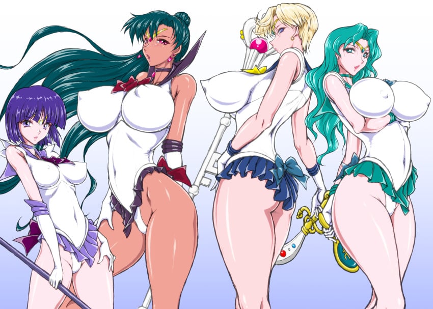 bishoujo_senshi_sailor_moon clothing erect_nipples erect_nipples_under_clothes female haruka_tenou highleg highleg_leotard hotaru_tomoe huge_ass huge_breasts large_breasts leotard marubayashi_shumaru michiru_kaiou sailor_neptune sailor_pluto sailor_saturn sailor_uranus setsuna_meiou skirt small_breasts thick_thighs wide_hips