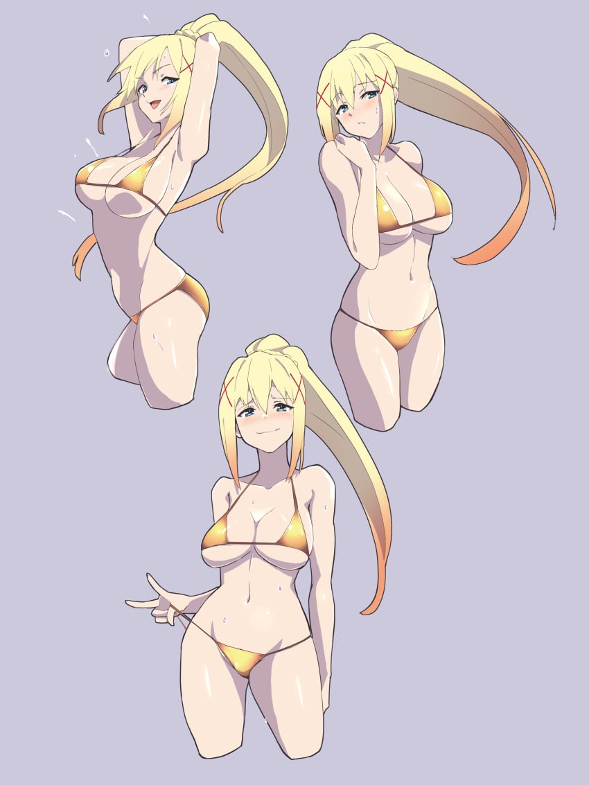 1girls adjusting_clothes adjusting_swimsuit armpits arms_behind_head arms_up big_breasts bikini bikini_pull blonde_hair blue_eyes blush breasts busty cleavage clothes_pull commentary confident cropped_legs darkness_(konosuba) female female_only frown gradient_hair grey_background groin hair_ornament half-closed_eyes halterneck head_tilt highres kono_subarashii_sekai_ni_shukufuku_wo! large_breasts long_hair looking_at_viewer multicolored_hair multiple_views navel noyama_takenoko orange_hair ponytail pose posing seductive seductive_look seductive_smile sensual sexy_armpits smile standing sweat sweatdrop swimsuit teasing voluptuous x_hair_ornament yellow_bikini