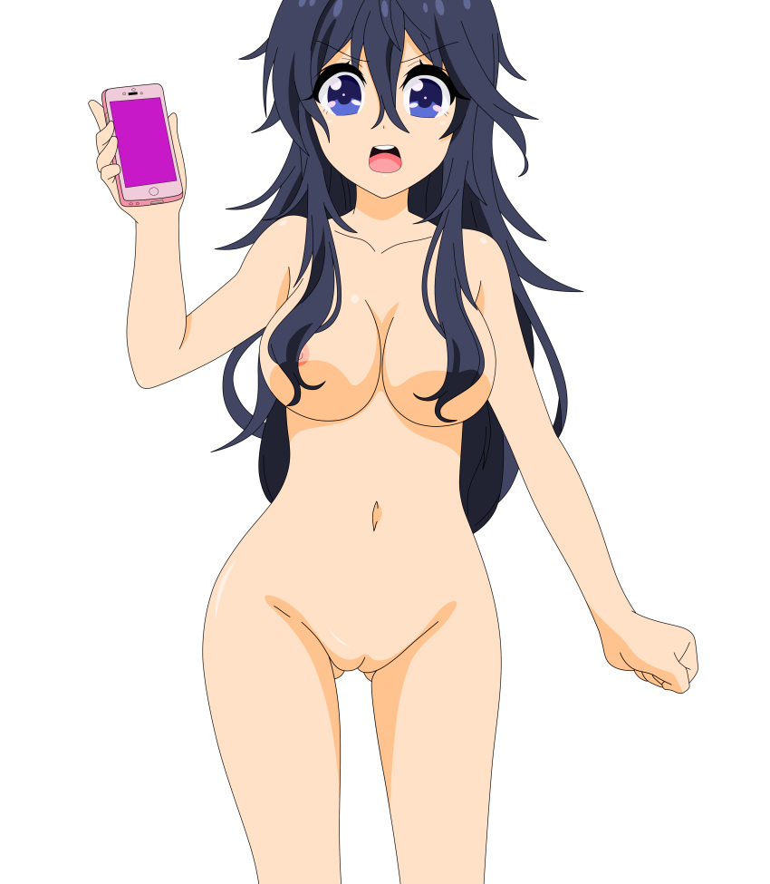 ahoge artist_request bangs black_hair blue_eyes breasts cleavage cleft_of_venus covering_breasts female hair_ribbon highres large_breasts leaning_forward legs long_hair looking_at_viewer netoge_no_yome_wa_onna_no_ko_janai_to_omotta? nude nude_filter open_mouth photoshop simple_background smile solo standing tamaki_ako thighs tied_hair transparent_background twintails uncensored vector_trace white_background