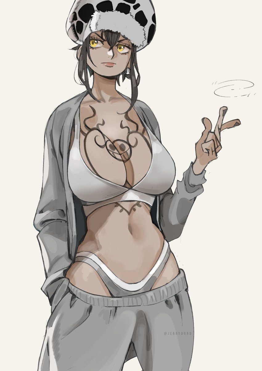 big_breasts black_hair bra canon_genderswap chest_tattoo cleavage female female_only frown genderswap_(mtf) hat headwear hi_res jacket jerrydurd one_piece panties pants_down rule_63 short_hair short_hair_with_long_locks sidelocks solo sweatpants tattoo tattoos tomboy trafalgar_law trafalgar_law_(female) yellow_eyes