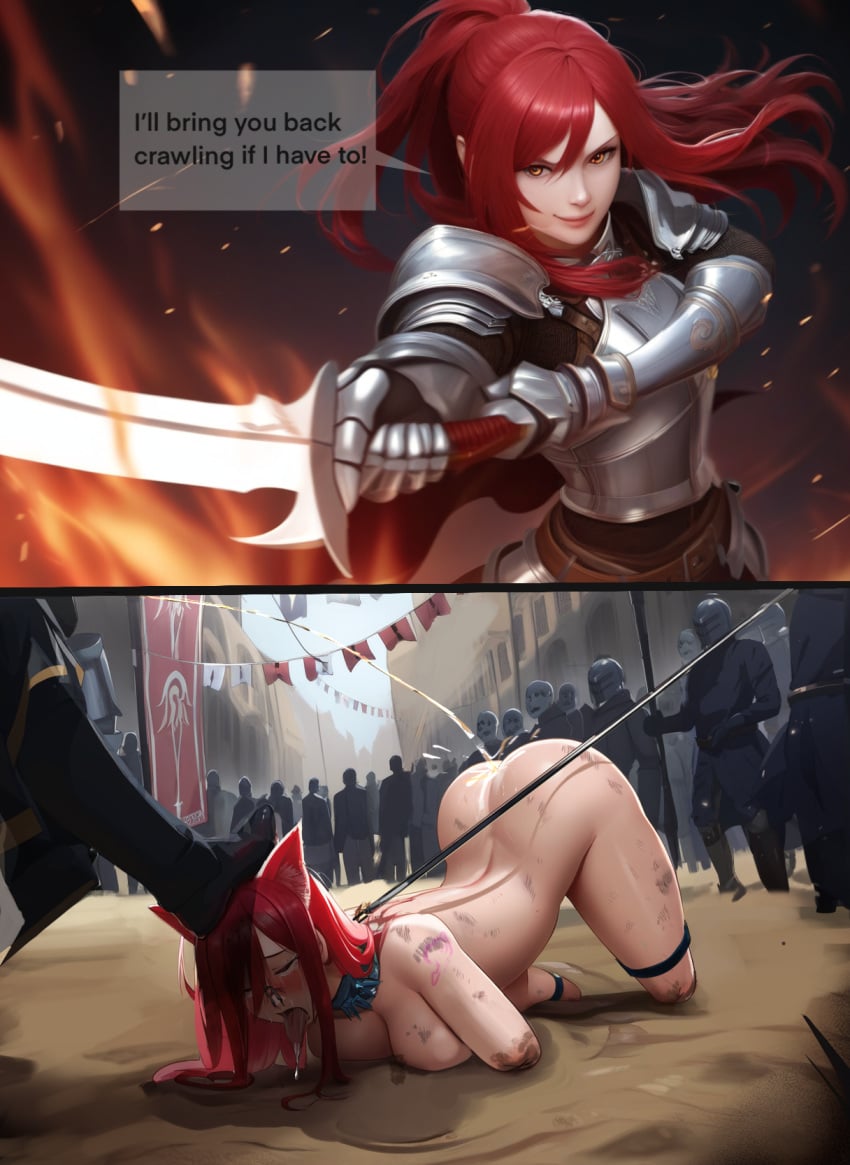 ai_generated amputee artist_request bondage crying defeated erza_scarlet fairy_tail foot_on_head instant_loss_2koma leash_pull mind_break nosehook peeing petplay slave stepped_on utter_domination