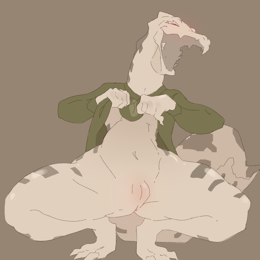 1:1 anthro biped bottomless clothed clothing crouching female genitals hi_res lazybracket open_mouth pussy red_eyes scalie simple_background solo tail