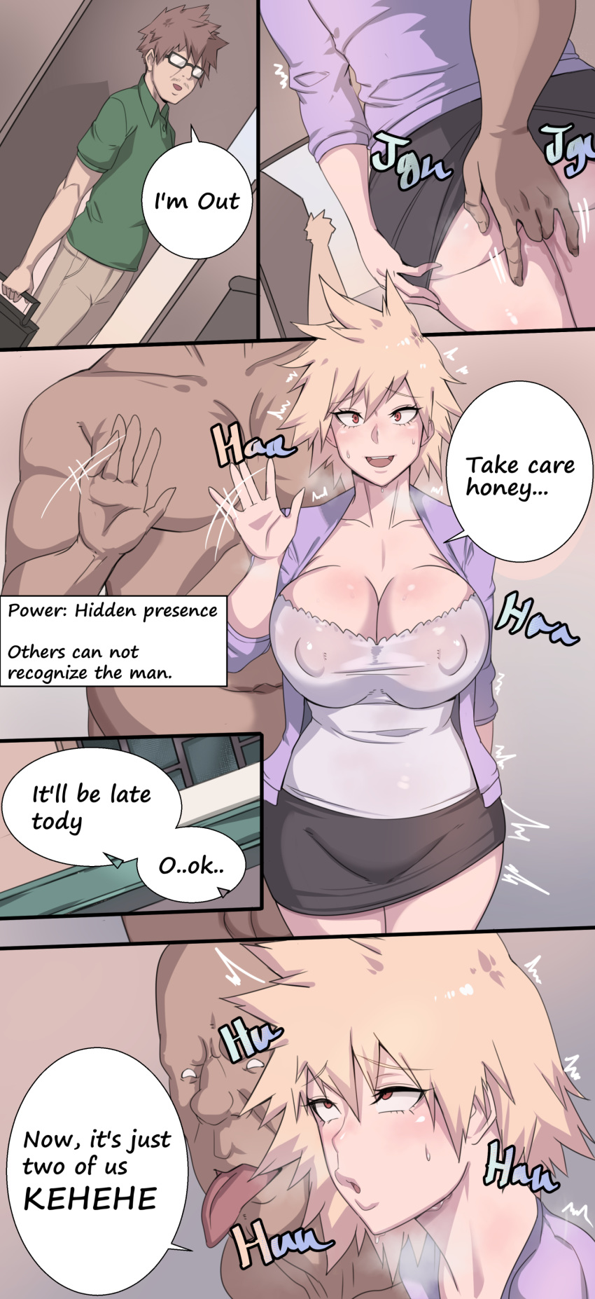 1girls 2boys ahe_gao areolae bald blonde_hair breasts brown_hair bulging_eyes cheating chubby cleavage clothed comic dialogue english english_text engrish fingering glasses heavy_breathing huge_breasts human metal_owl milf mitsuki_bakugou my_hero_academia netorare nipple_bulge nipples red_eyes see-through shirt skirt sweat text thick_thighs tongue tongue_out trembling ugly_man wet wide_hips