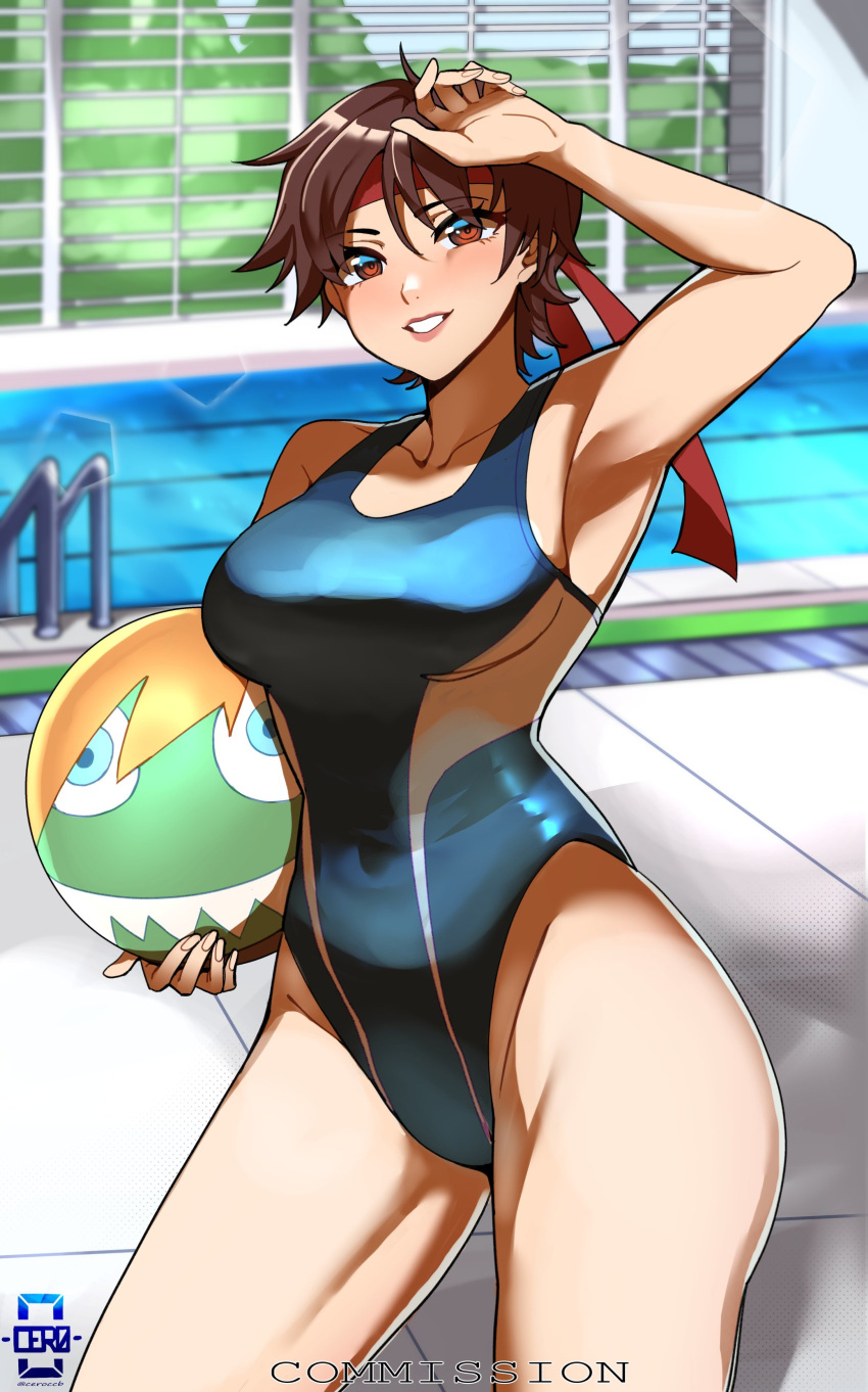 armpits asian_female brown_hair ceroccb female one-piece_swimsuit pool sakura_kasugano street_fighter swimsuit tagme