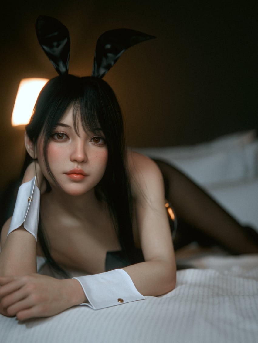 1girls 3d 3d_(artwork) asian asian_female bed black_hair blush bunny_ears bunnysuit cuffs_(clothing) female highres laying_on_bed light-skinned_female light_skin looking_at_viewer makeup on_bed shoelac3 solo solo_female stockings