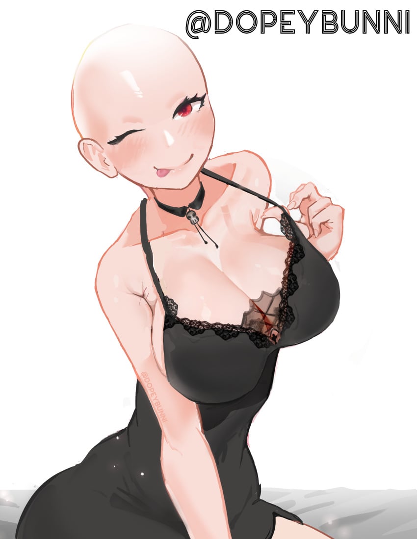 bald bald_female bald_girl bald_woman boob breasts chest cleavage coy dopeybunni female female_only hololive hololive_english hololive_myth lace largebreasts mori_calliope night nightdress red_eyes shaved_head tongue tongue_out virtual_youtuber white_background