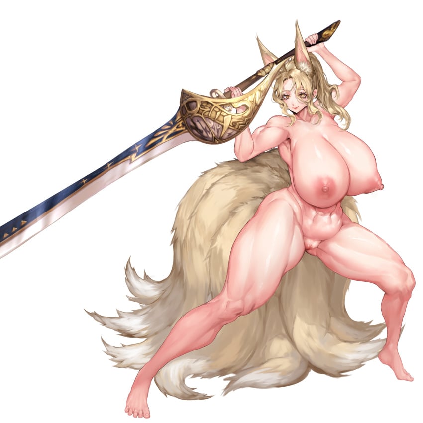 absurdres animal_ears arms_up blonde_hair closed_mouth collarbone copyright_request english_commentary female fox_ears fox_girl fox_tail highres holding holding_sword holding_weapon kitsune looking_at_viewer meowx25 monster_hunter_(character) monster_hunter_(series) multiple_tails nipples nude smile solo standing sword tail toned uncensored weapon white_background yellow_eyes