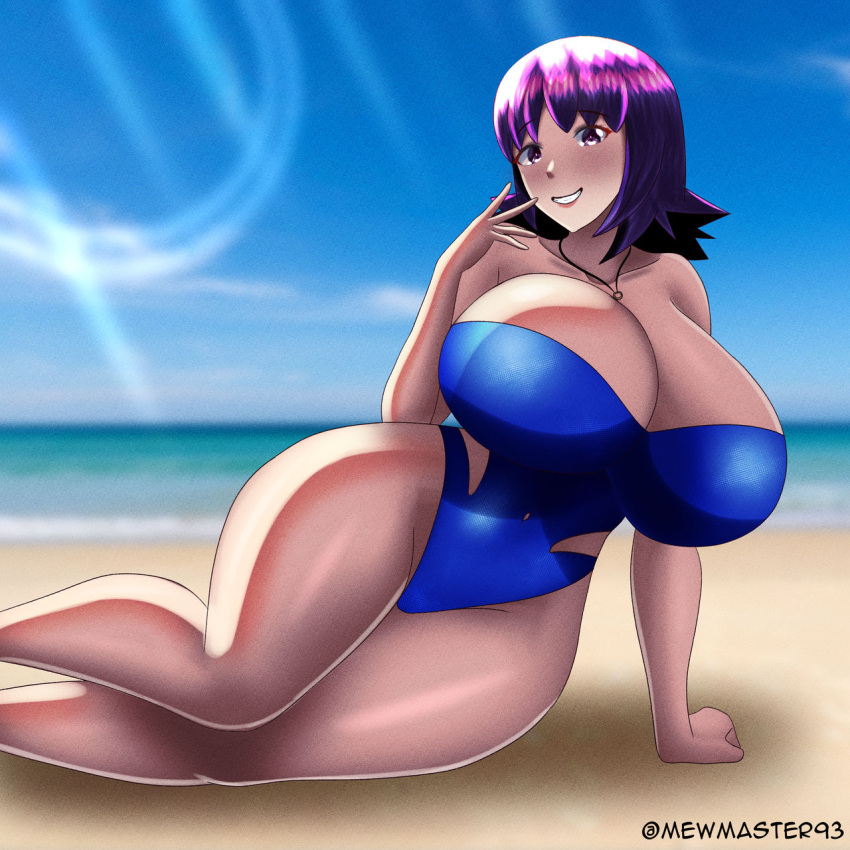 1girls alternate_breast_size beach blush gigantic_breasts mewmaster93 philena_ivy pokemon purple_hair sand short_hair smile sun swimsuit water