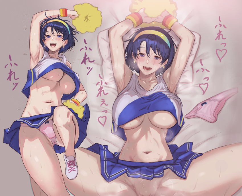 big_breasts blush breasts cheerleader cheerleader_uniform chimata_tenkyuu implied_sex missionary_position panties pom_poms rainbow removing_panties skirt spread_legs sweat sweaty_body team_shanghai_alice tenkyuu_chimata thick_thighs touhou underboob wiaxixia