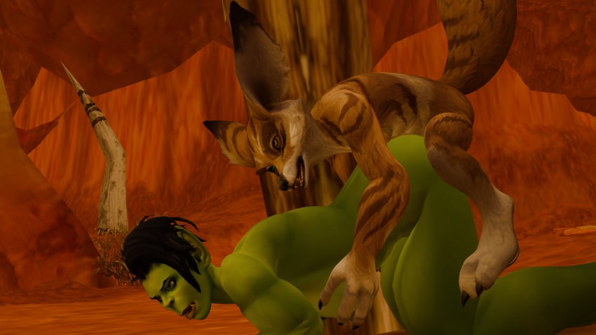 anal anal_sex anthro anthro_on_female anthro_penetrating bigger_female blizzard_entertainment bordo day doggy_style doggy_style_position female female_orc fox_ears fox_humanoid fox_tail green_skin male male/female muscular_female orc orc_(warcraft) orc_female orgrimmar outdoors outside smaller_male two_females two_males valgra vulpera vulpera_male warcraft world_of_warcraft