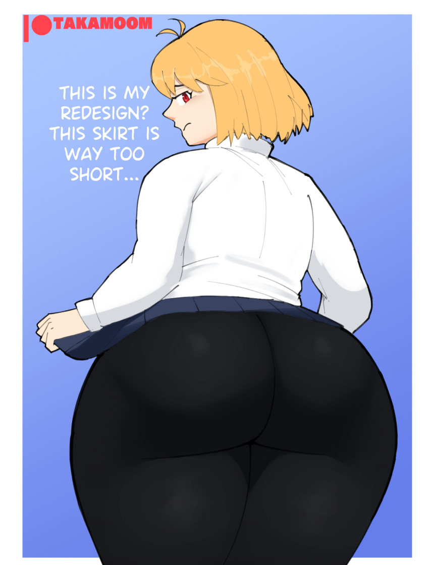 arcueid_brunestud ass big_ass big_breasts big_butt black_leggings blonde_hair blue_skirt blush breasts bubble_butt embarrassed enormous_ass enormous_butt flustered huge_ass huge_butt large_ass large_butt leggings looking_back mini_skirt plump red_eyes skirt sweater takamoom thick_ass thick_thighs tsukihime tsukihime_(remake)