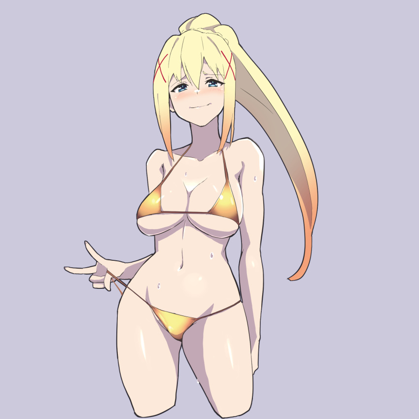 1girls ass big_breasts bikini bikini_pull blonde_hair blue_eyes blush breasts busty cleavage clothes_pull cropped_legs darkness_(konosuba) female female_only from_side hair_ornament half-closed_eyes highres kono_subarashii_sekai_ni_shukufuku_wo! large_breasts long_hair looking_at_viewer navel noyama_takenoko orange_hair ponytail sensual smile solo standing sweat swimsuit teasing x_hair_ornament yellow_bikini