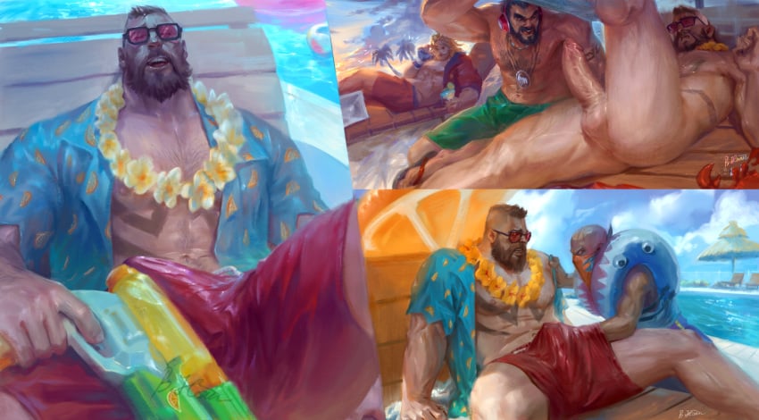 4boys azalien bara bich_hoan bichhoan brown_hair color erection gangplank gay human league_of_legends malcolm_graves male male_only painting_(artwork) penis pool_party_gangplank pool_party_graves pool_party_series pool_party_taric pyke short_hair taric yaoi