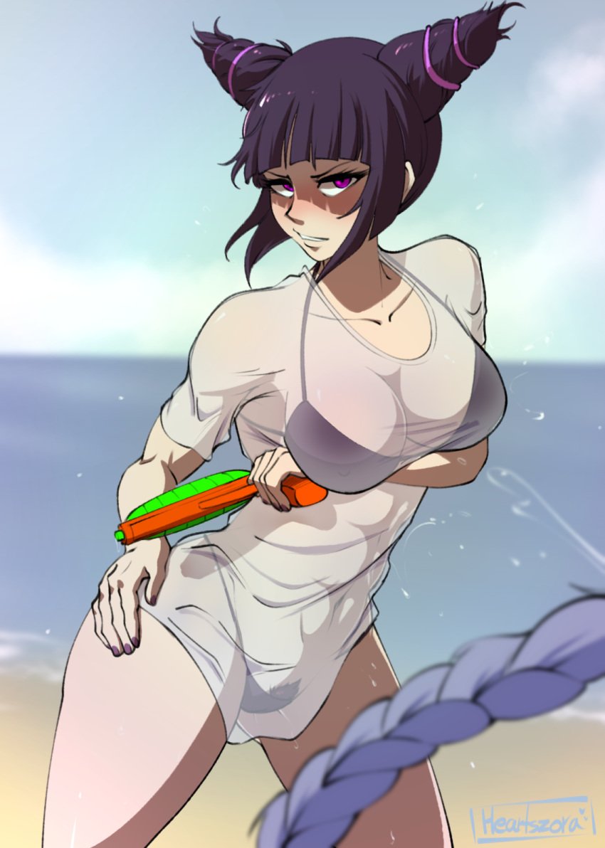 artist_name bangs beach bikini black_bikini black_hair blue_hair braid breasts capcom cleavage collarbone drill_hair eyelashes eyeliner female female_pubic_hair hand_on_hip heartszora highres human juri_han large_breasts nail_polish navel outdoors pink_eyes pubic_hair pubic_hair_peek purple_nails seaside see-through sidelocks signature solo squirt_gun standing street_fighter t-shirt twin_drills wet_shirt wet_t-shirt