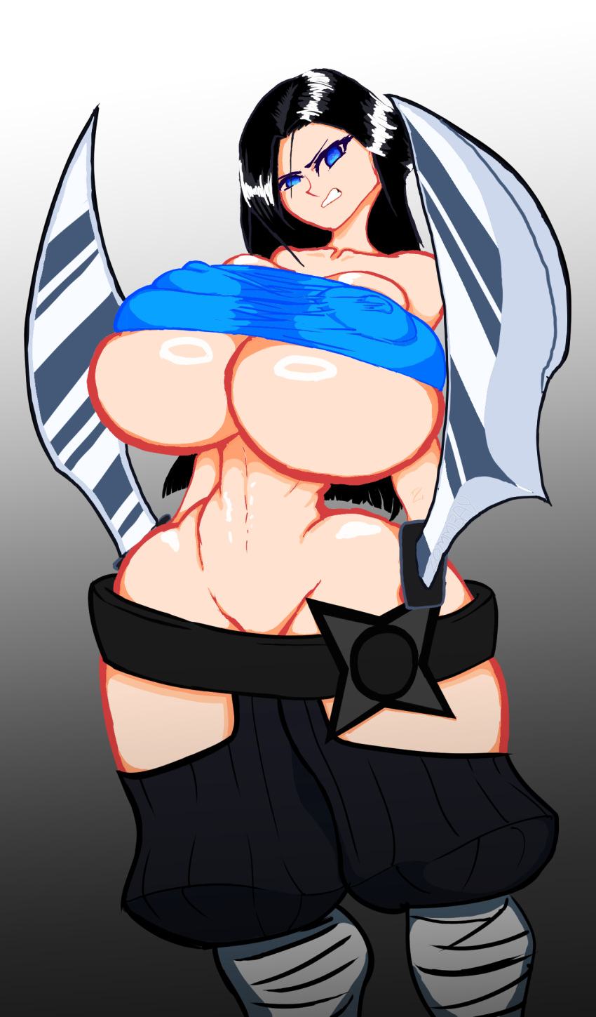 abs alternate_version_available binder_(restraint) black_hair busty curvy dual_wielding fat_ass hourglass_figure huge_breasts kunoichi massive_breasts ninja ninja_girl skimpy sword swords tsundere weapon wide_hips zommbay