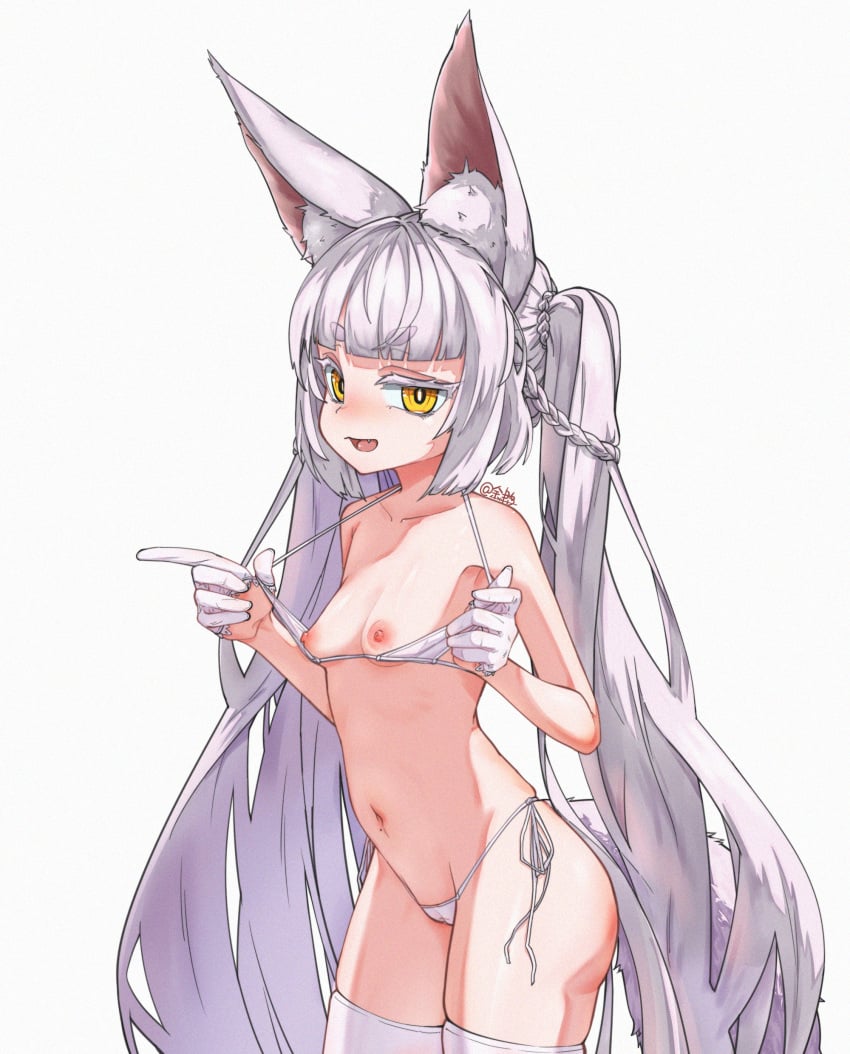 1girls alternate_version_available animal_ears asanagi asanagi_(azur_lane) asanagi_(lulled_by_rough_seas)_(azur_lane) azur_lane bikini braided_hair breasts gloves light-skinned_female light_skin moziki sakura_empire_(azur_lane) side-tie_panties simple_background small_breasts tagme thighhighs twintails very_long_hair white_background white_hair white_legwear white_panties yellow_eyes