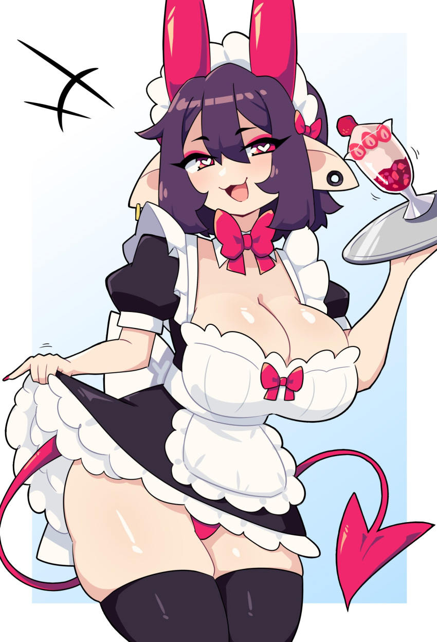 1girls big_breasts black_hair black_thighhighs cleavage demon_girl demon_horns demon_tail dress_lift female female_only heart-shaped_pupils hi_res holding_tray horns ice_cream j5daigada looking_at_viewer maid maid_headdress maid_uniform neck_ribbon pointy_ears red_eyes selene_(daigada) smiling smiling_at_viewer solo tail thick_thighs thigh_squish thighhighs tray