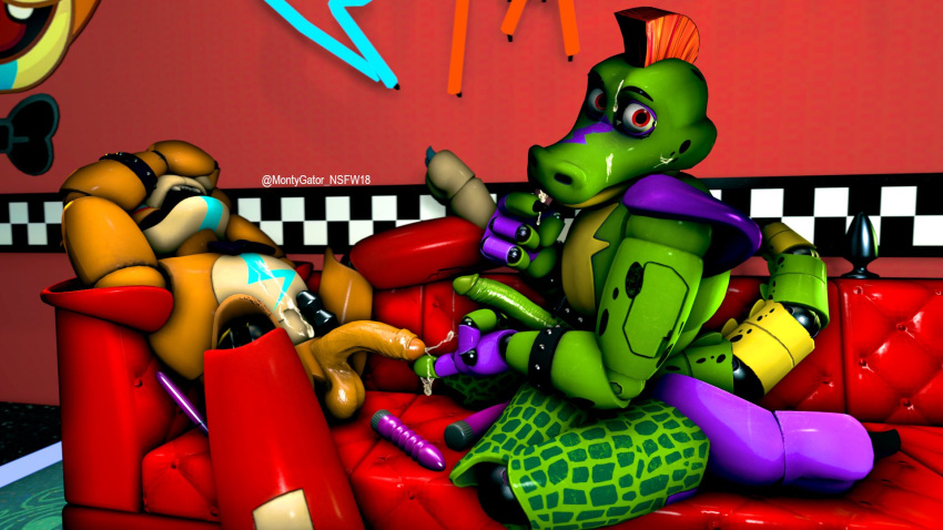 2024 2boys 2males 3d 3d_(artwork) after_masturbation after_orgasm animatronic cum cum_string detailed_background digital_media_(artwork) duo duo_focus erect_penis erection five_nights_at_freddy's gay glamrock_freddy_(fnaf) machine masturbation mohawk montgomery_gator_(fnaf) nervous nervous_male robot sex_toy smiling wdgrreseef