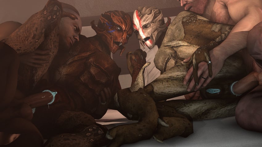 2018 3d 3d_(artwork) alien anal anal_sex anus bed dank_wankem female group hand_holding human male mammal mass_effect moan penetration pussy spread_legs spreading straight turian vaginal_penetration video_games