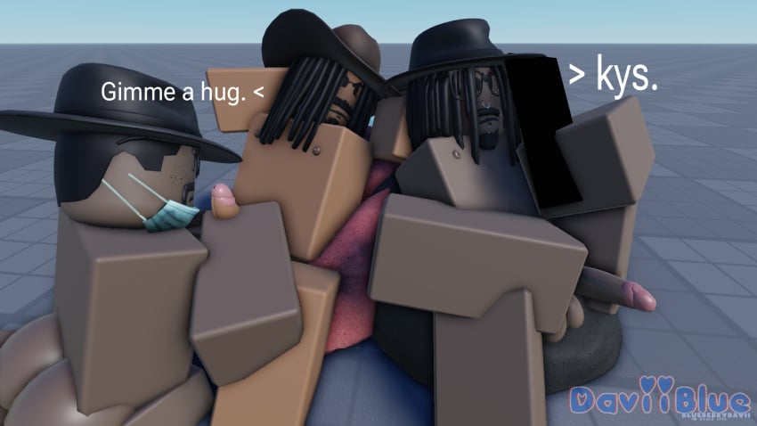 3d artist_request black_body black_hair black_men blowjob cowboy_hat daviiblue erect_penis fedora freckles gay glasses hat male_only roblox roblox_avatar robloxian source_request straight_to_gay stroking_cock tagme threesome