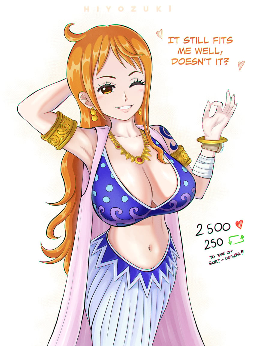 1girls alabasta arabasta_kingdom arabasta_saga bare_arms bare_shoulders big_breasts clothed clothing color english_text female female_focus female_only harem_outfit hi_res hiyozuki jewelry large_breasts light-skinned_female light_skin long_hair looking_at_viewer nami nami_(one_piece) one_piece orange_eyes orange_hair post-timeskip shounen_jump solo solo_female tagme tattoo text text_bubble thick_thighs