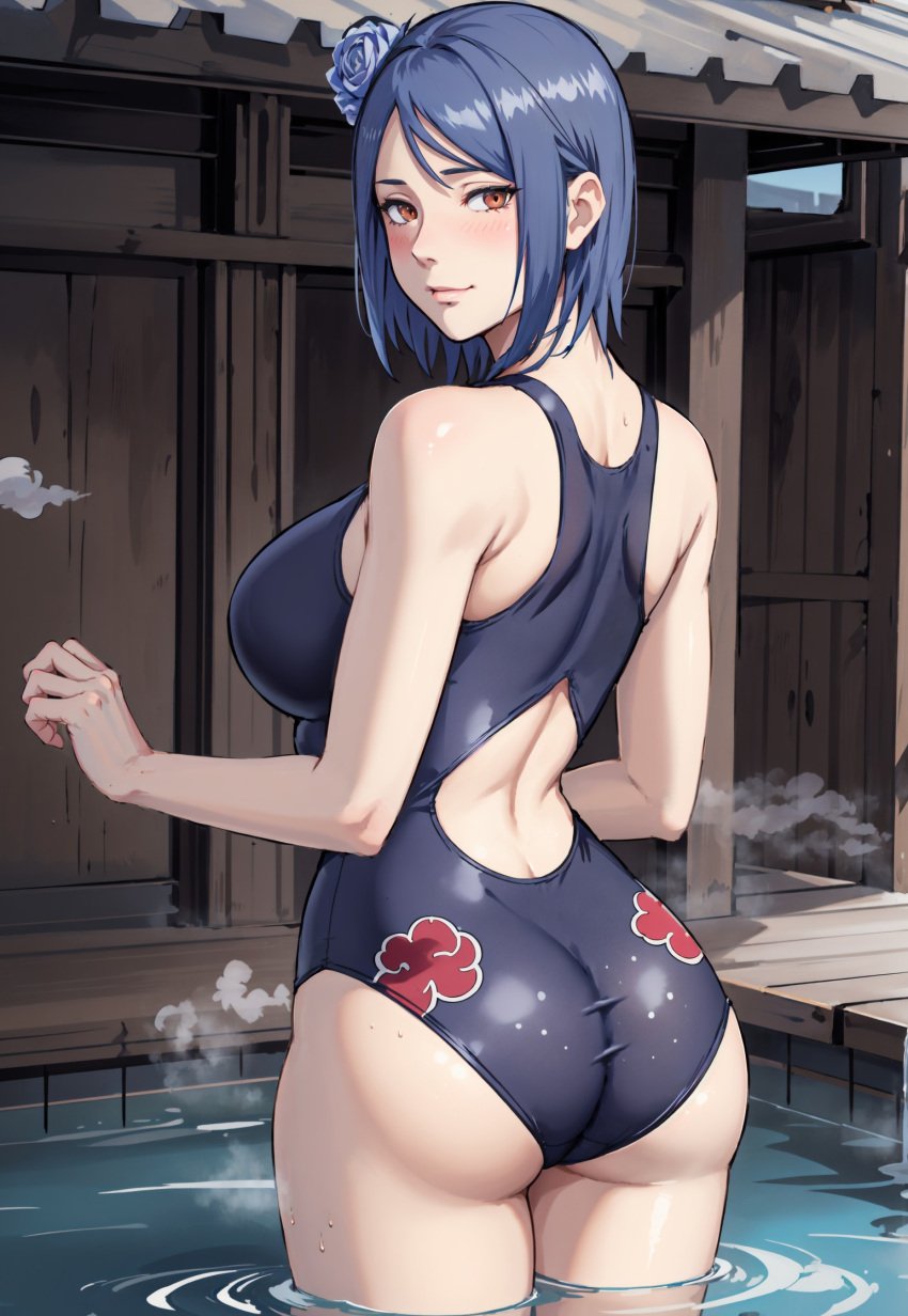 1girls adapted_costume ai_generated akatsuki_(naruto) alex-schura artist_name ass ass_focus back_view backless_swimsuit bare_back bare_legs bare_shoulders bare_thighs big_breasts blue_hair blush breasts bubble_ass bubble_butt cleavage cloud_print flower flower_in_hair from_behind highleg highleg_swimsuit huge_breasts in_water indoors konan looking_at_viewer looking_back looking_back_at_viewer nai_diffusion naruto naruto_(series) naruto_shippuden one-piece_swimsuit orange_eyes partially_submerged pool presenting presenting_ass purple_swimsuit rear_view shoulder_length_hair sideboob smile solo solo_focus stable_diffusion swimsuit thick_thighs thighs viewed_from_behind voluptuous voluptuous_female water watermark