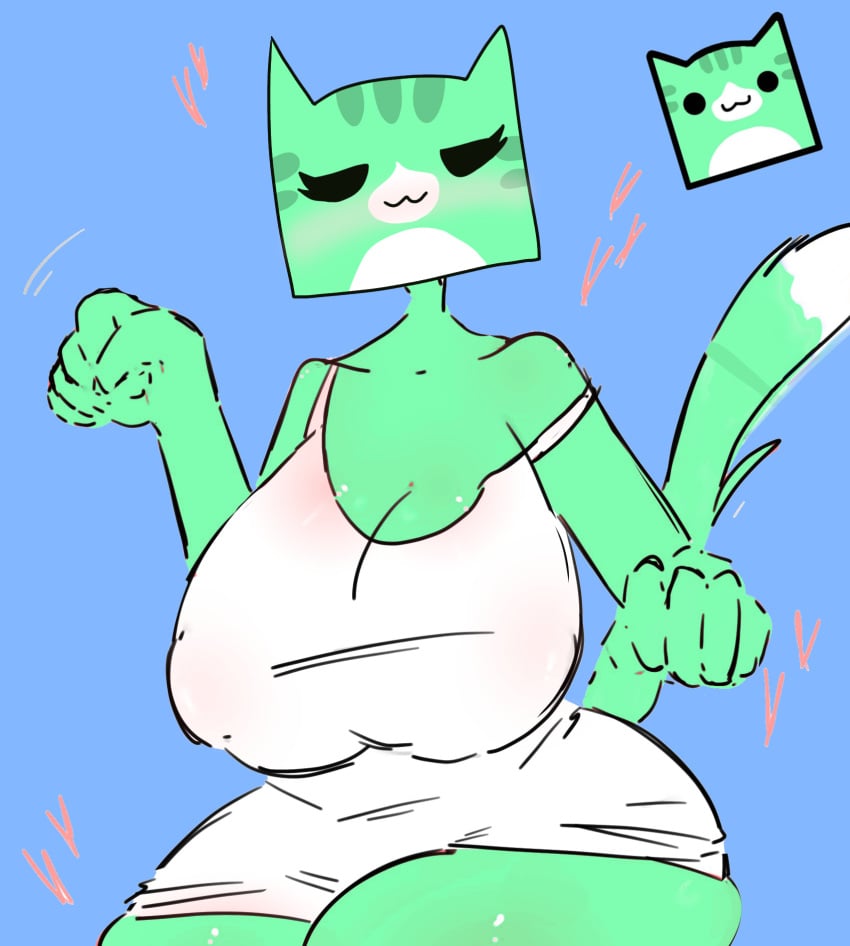 1girls big_breasts blue_background cube_98_(geometry_dash) cute feline geometry_dash green_skin heart huge_breasts juniper_gd no_bra owo tobbuck w_mouth white_clothing