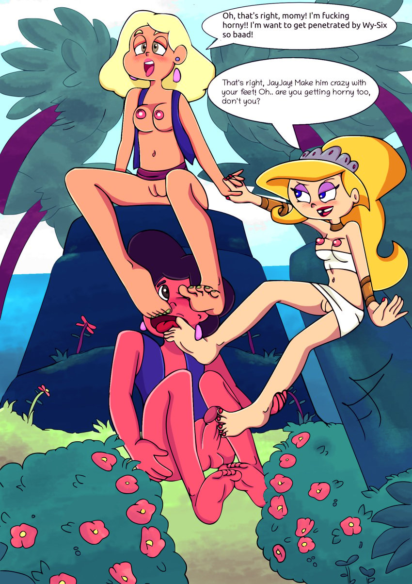 2girls1boy crossover eris_(billy_and_mandy) feet foot_fetish foot_folk foot_worship footjob jay-ten_(steven_universe) male/female soles steven_universe wy-six_(steven_universe)