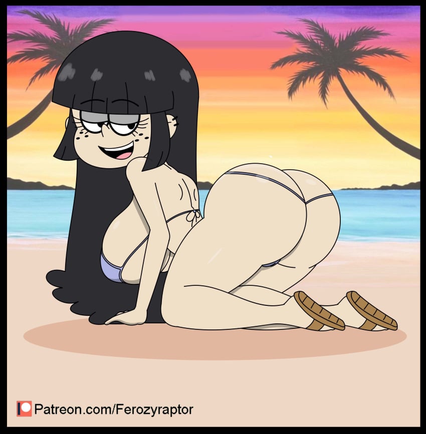 1girls 2d ass_cleavage beach big_ass big_breasts big_butt black_hair butt_crack fanart ferozyraptor long_hair looking_at_viewer maggie_(the_loud_house) side_view sideboob the_loud_house watermark